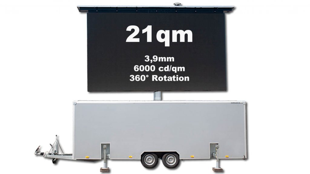 Autokino M, Cinecar, mobiles autokino, LED Trailer, vermietung Produktbild für mobilen LED-Wand Trailer. Der Text beschreibt die technischen Details: 21m² Groß, 3,9mm Pixelpitch, 6000Candela/m², 360° Rotation
