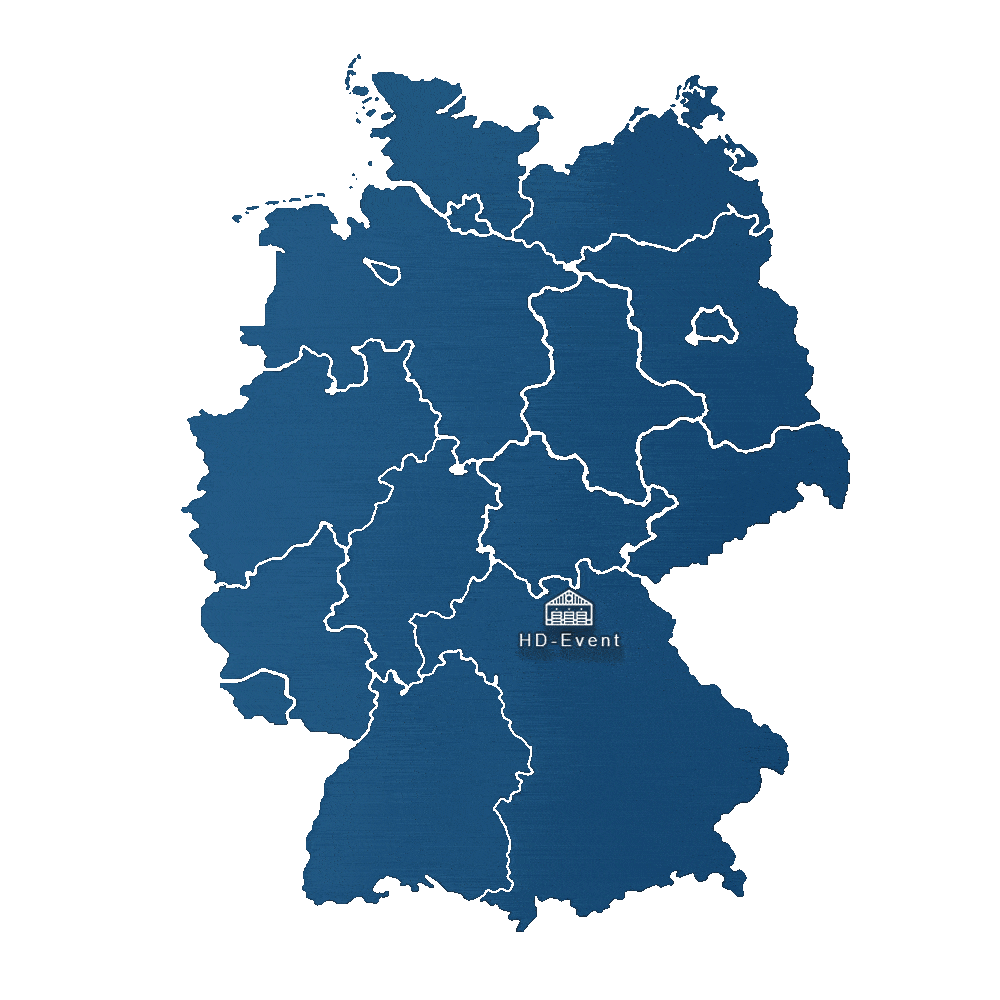 HD-Event-Karte Deutschlandweiter Support Karte Deutschlands. Vom Standort bamberg bewegt sich ein Krei in zwei schritten nach Außen. An den jeweiligen Standorten werden die Messenamen eingeblendet
