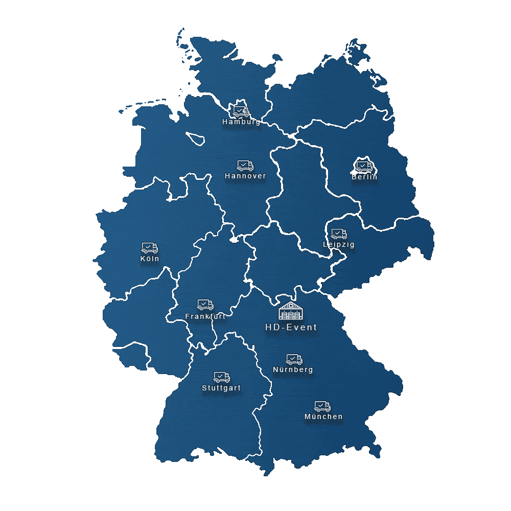 Stilisierte Karte von Deutschland mit Bundeslandumrissen und den größten deutschen Messestädten