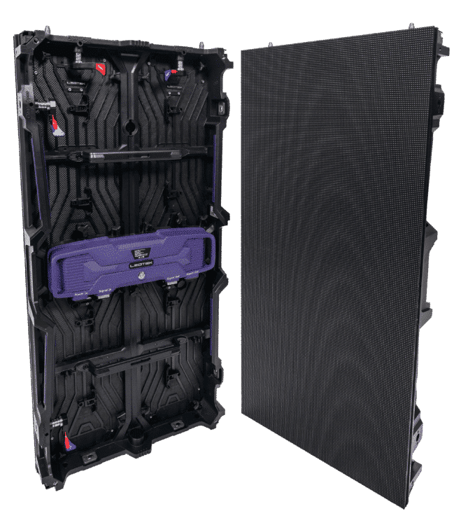 Zwei LED-Module mit den Maßen 500x1000mm. Das linke Modul zeigt die Rückseite mit lila Bodypack und das rechte Zeit die Front mit den einzelnen Pixeln