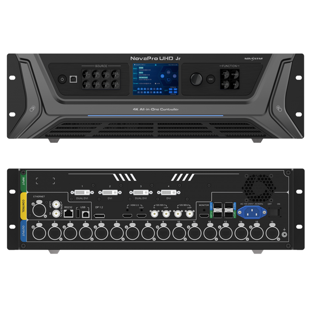 Produktfoto der Vorder- und Rückseite eines NovaStar UHD Junior